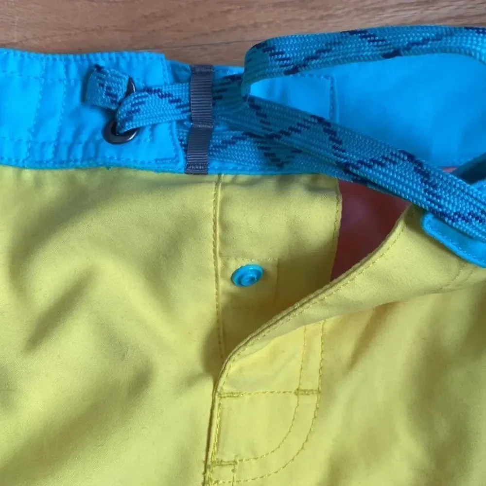 Patagonia sz 14 water shorts tie yellow pink blue Velcro + open pockets snap fly